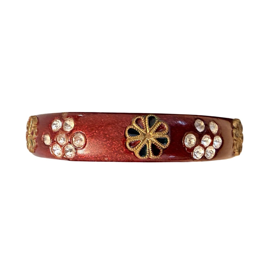 Vintage Red Lac Floral Crystal Whimsical Bangle Bracelet Women Boho Maximalist